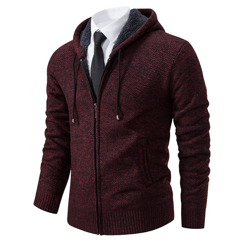 Thomas - Men's Hooded Zip-Up Cardigan with Drawstring Detail - Cardigans - Burgundy - Davies & Cooper