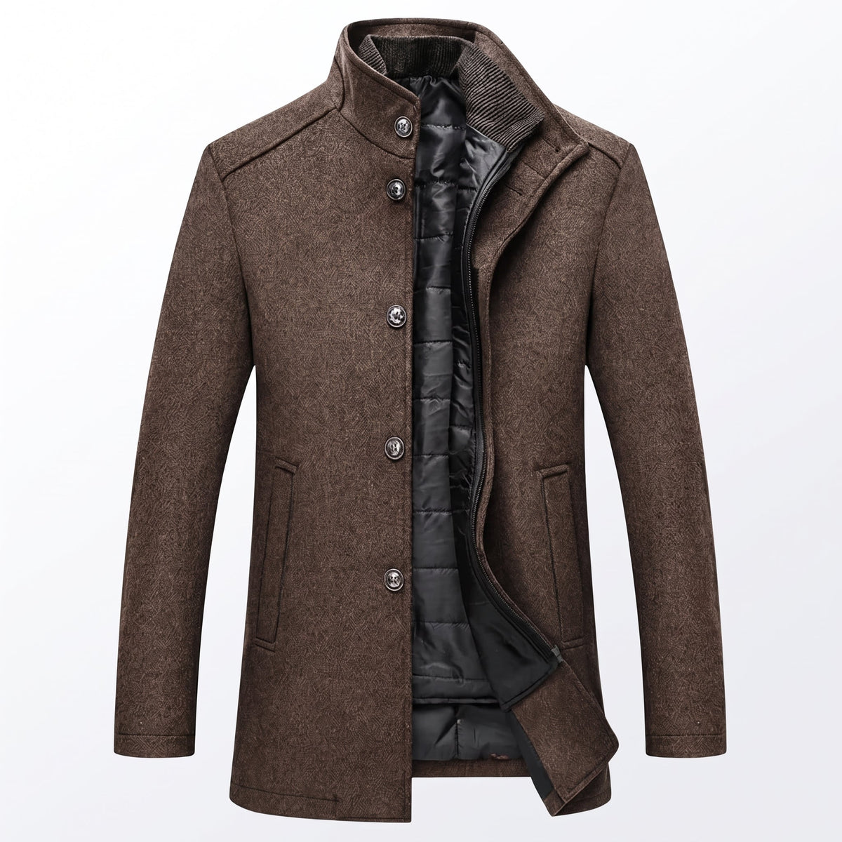 Thomas - Men's Wool-Look Longline Overcoat with Detachable Quilted Inner Vest - Overcoats - Brown - Davies & Cooper