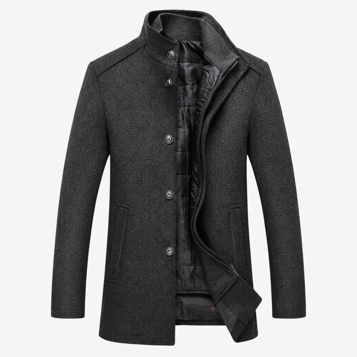 Thomas - Men's Wool-Look Longline Overcoat with Detachable Quilted Inner Vest - Overcoats - Dark Grey - Davies & Cooper