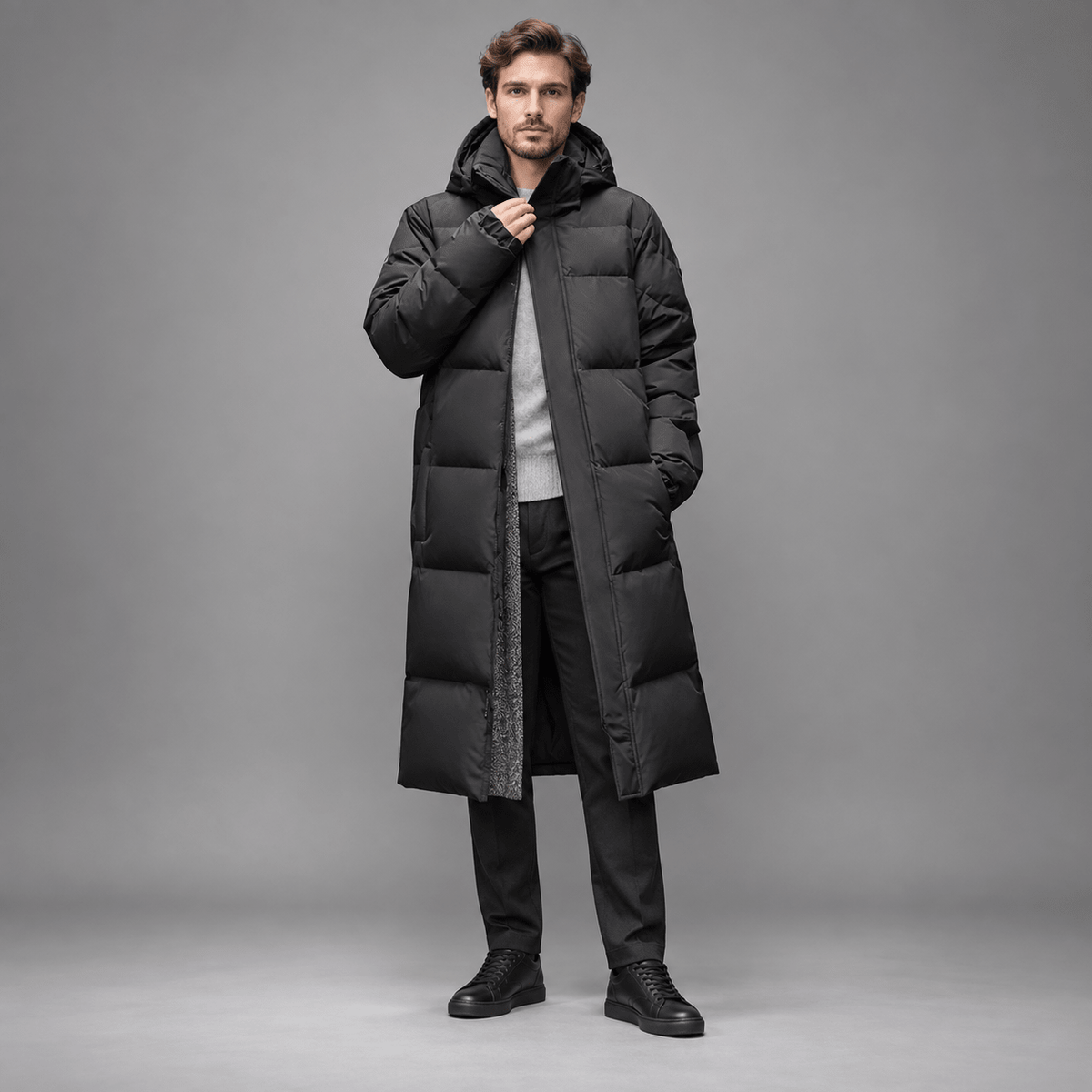 Tom - Men's Longline Hooded Puffer Coat with Full Zip Closure - Puffer Jackets - Black - Davies & Cooper