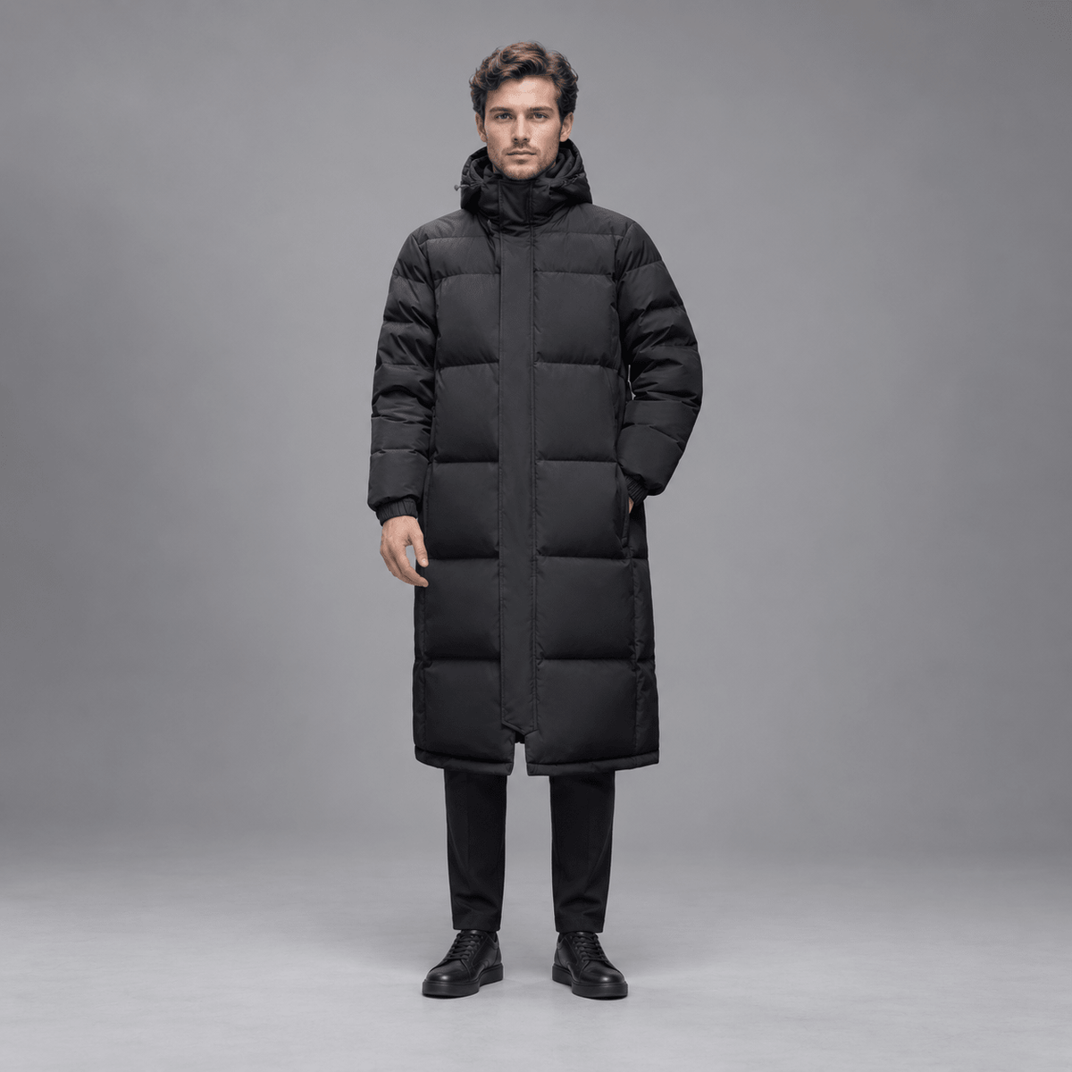 Tom - Men's Longline Hooded Puffer Coat with Full Zip Closure - Puffer Jackets - Black - Davies & Cooper