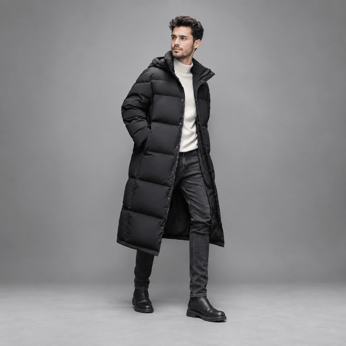 Tom - Men's Longline Hooded Puffer Coat with Full Zip Closure - Puffer Jackets - Black - Davies & Cooper