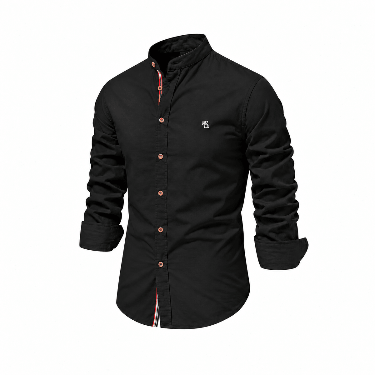 Tom - Men's Mandarin Collar Long Sleeve Shirt with Contrast Placket Trim - Shirts - Black - Davies & Cooper