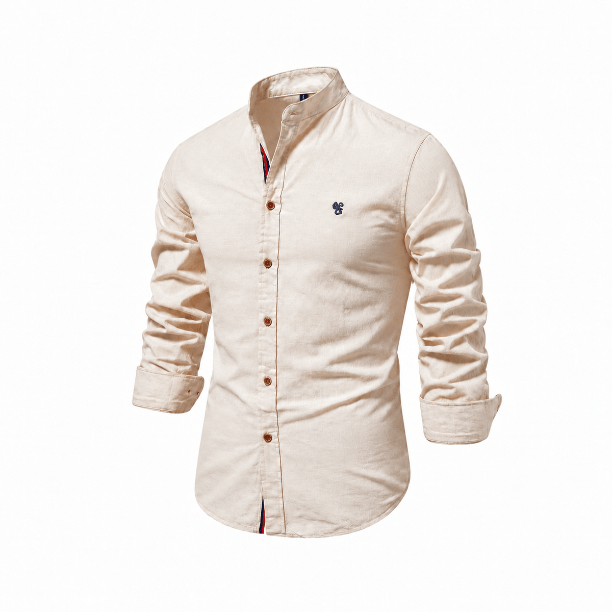Tom - Men's Mandarin Collar Long Sleeve Shirt with Contrast Placket Trim - Shirts - Beige - Davies & Cooper