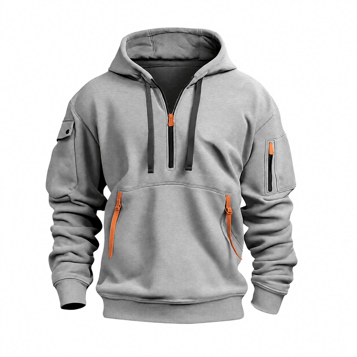 Tom - Men's Quarter-Zip Hooded Sweatshirt with Utility Pockets - Hoodies - Grey - Davies & Cooper