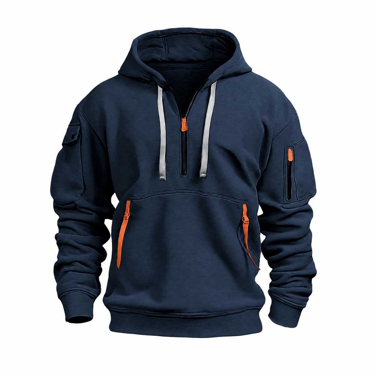 Tom - Men's Quarter-Zip Hooded Sweatshirt with Utility Pockets - Hoodies - Navy Blue - Davies & Cooper