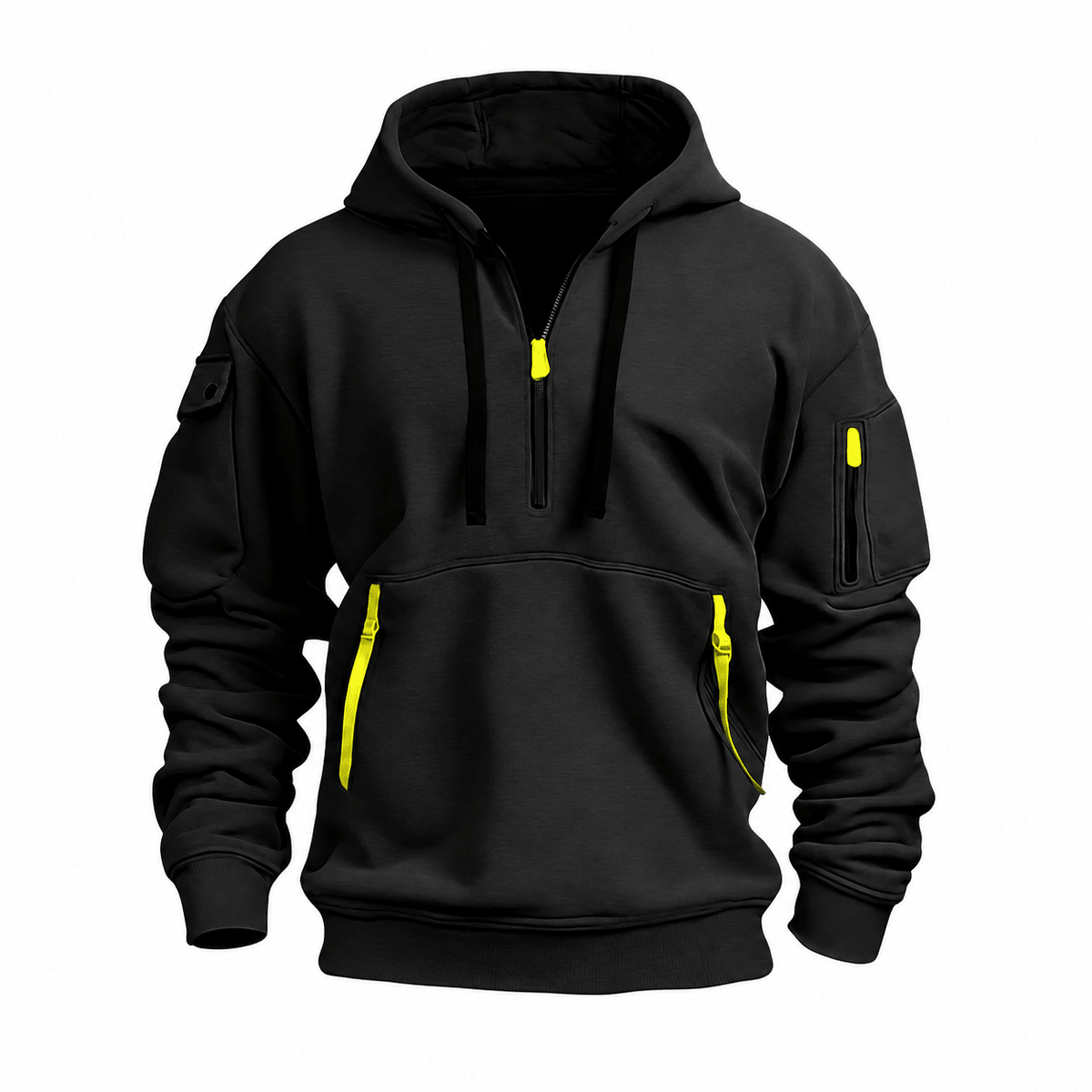 Tom - Men's Quarter-Zip Hooded Sweatshirt with Utility Pockets - Hoodies - Black - Davies & Cooper