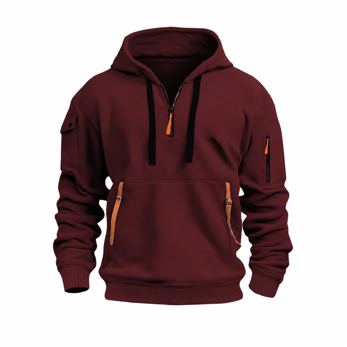Tom - Men's Quarter-Zip Hooded Sweatshirt with Utility Pockets - Hoodies - Red - Davies & Cooper