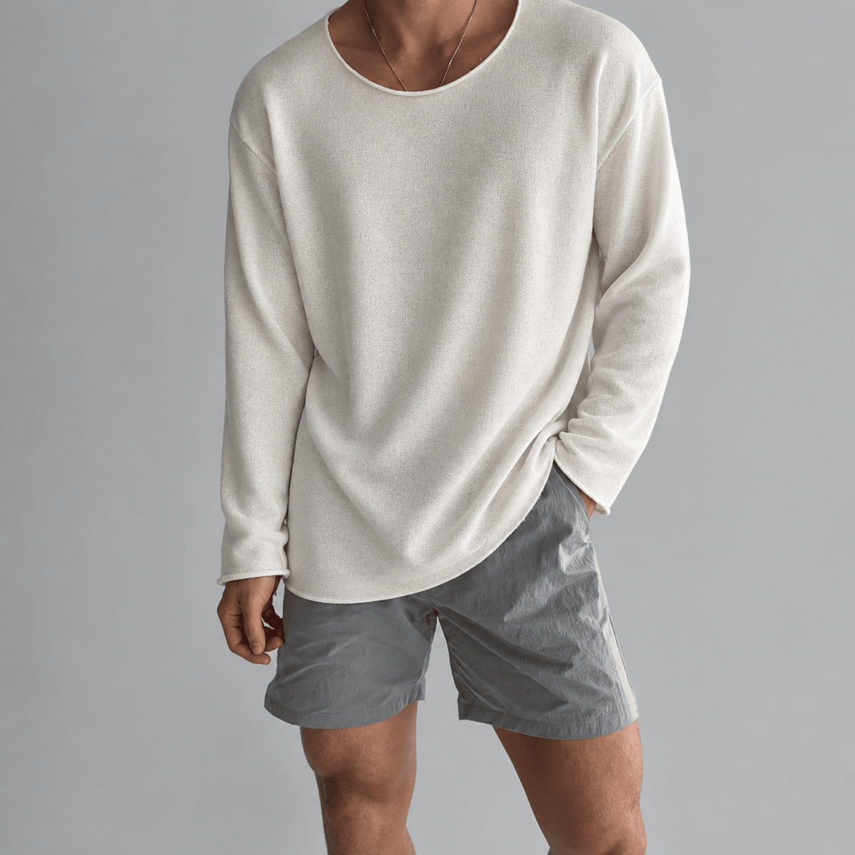 Tom - Men's Relaxed Fit Textured Knit Long Sleeve Shirt - Shirts - White - Davies & Cooper