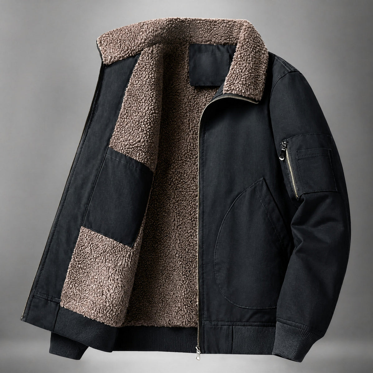 Tom - Men's Sherpa Collar Flight Bomber Jacket with Multi-Pocket - Bomber Jackets - Black - Davies & Cooper
