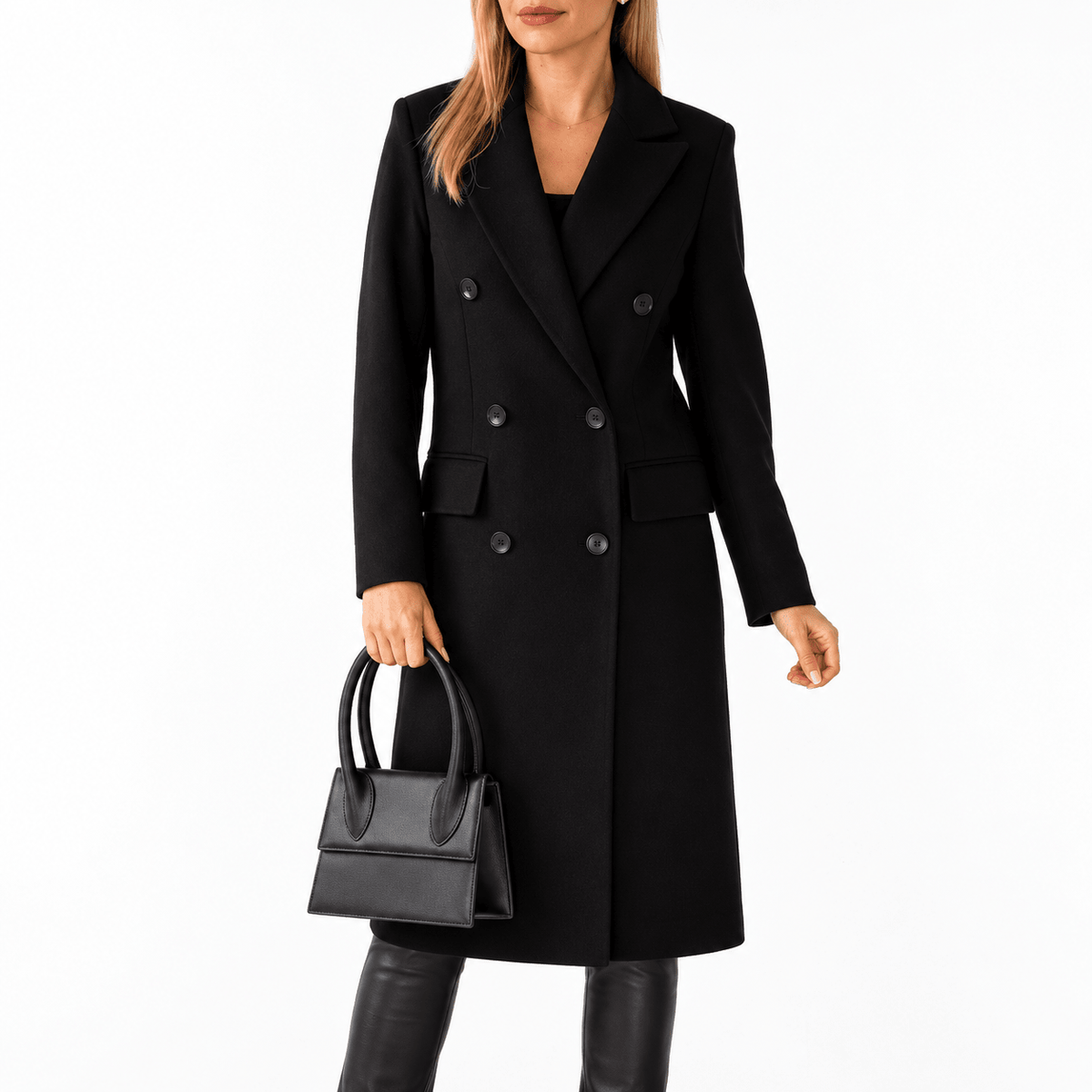 Victoria - Women's Double-Breasted Longline Overcoat with Tailored Lapel - Overcoats - Black - Davies & Cooper
