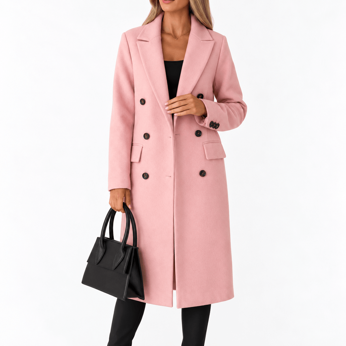Victoria - Women's Double-Breasted Longline Overcoat with Tailored Lapel - Overcoats - Pink - Davies & Cooper