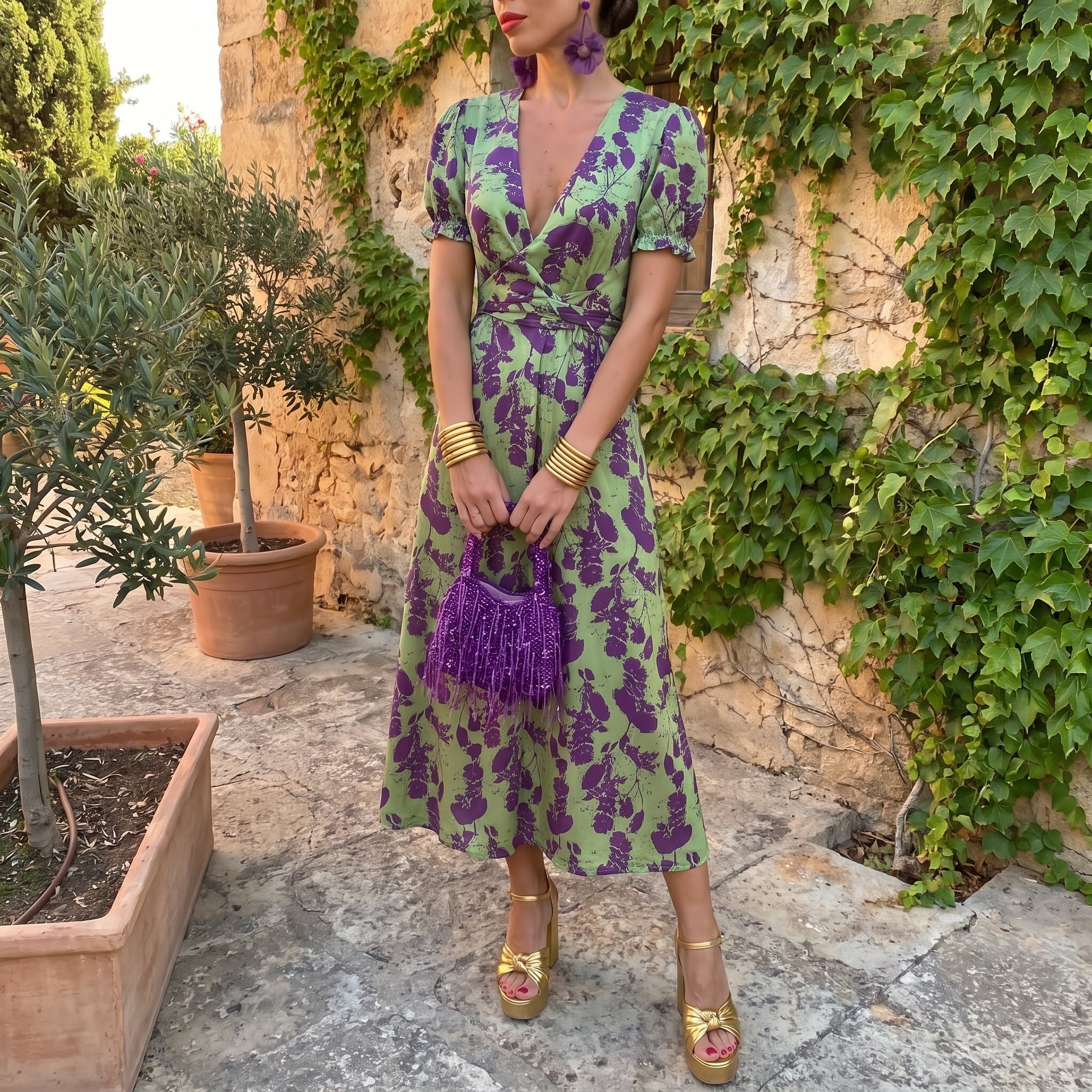 Violet - Women's Wedding Guest Wrap Puff Sleeve Midi Dress - Midi Dress - Green - Davies & Cooper