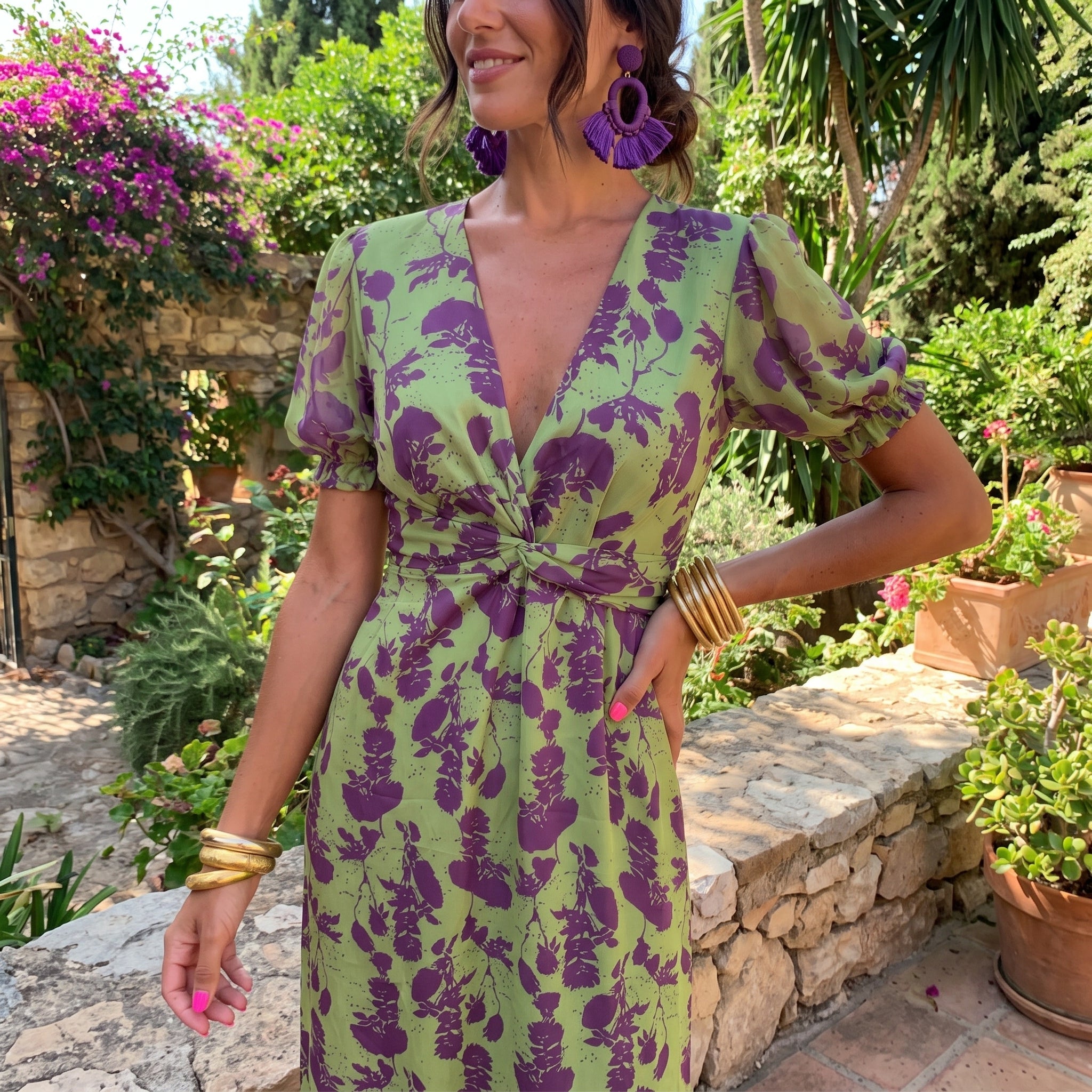 Violet - Women's Wedding Guest Wrap Puff Sleeve Midi Dress - Midi Dress - Green - Davies & Cooper
