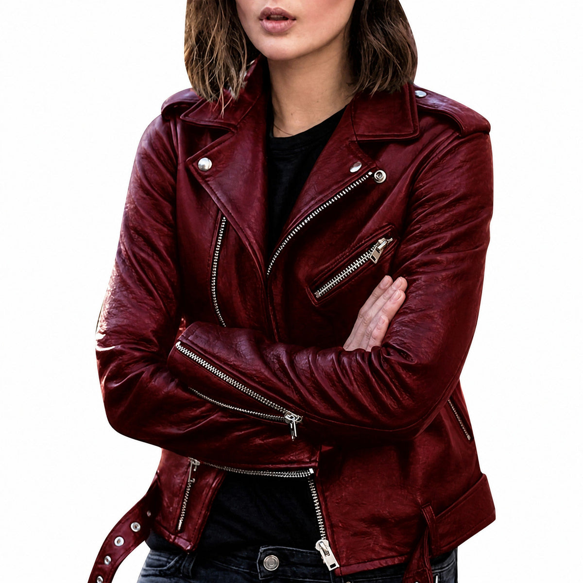 Waleria - Women's Slim Fit Biker Jacket with Silver Zips - Motorcycle Outerwear - Burgundy - Davies & Cooper