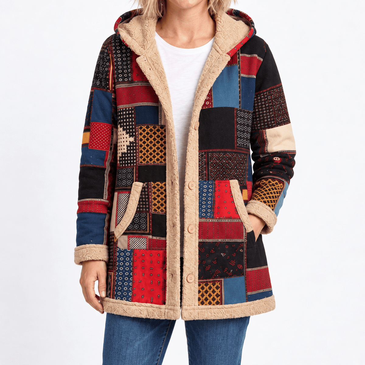 Wiktoria - Women's Hooded Patchwork Longline Jacket with Sherpa Trim - Overcoats - Red - Davies & Cooper