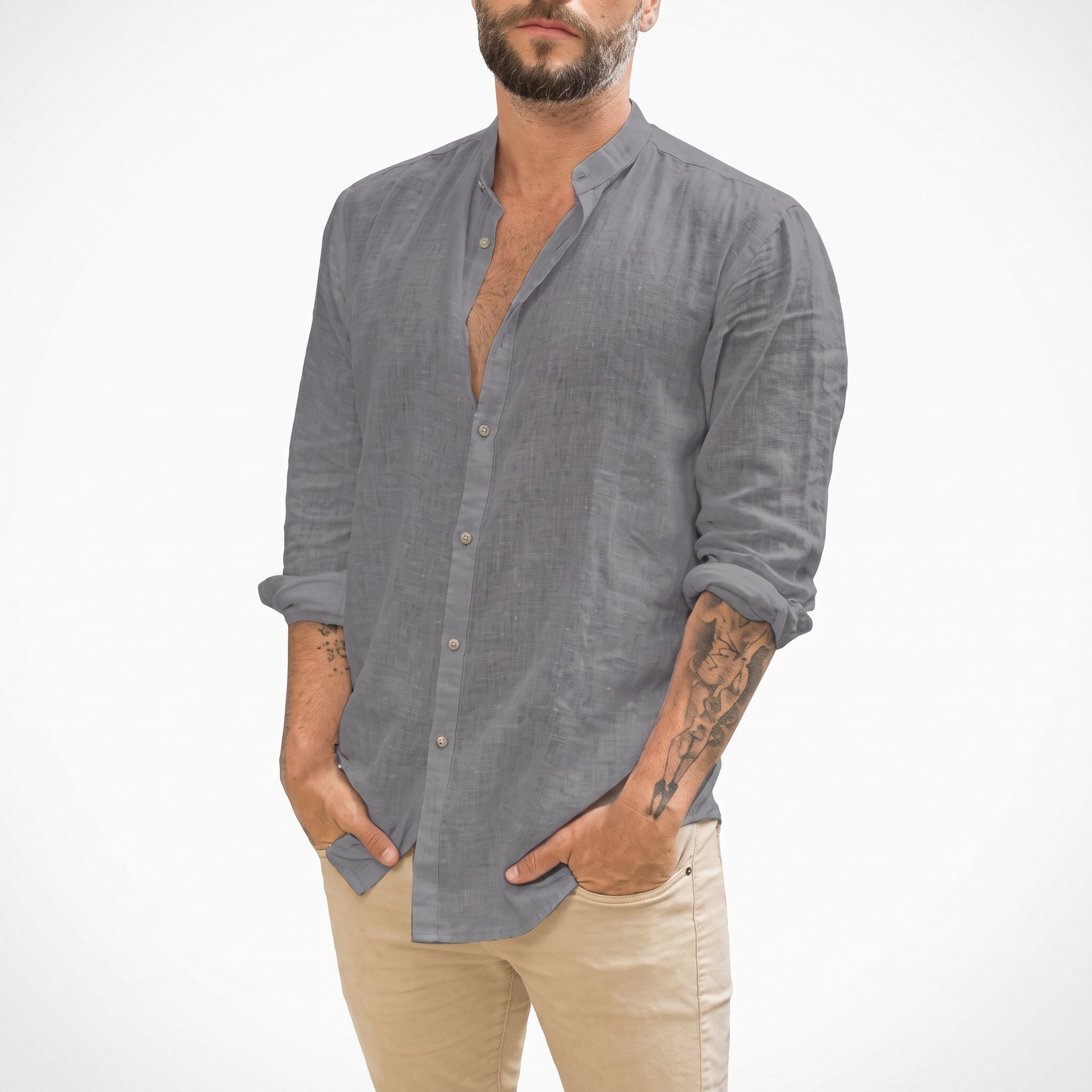 William - Men's Summer Grandad Collar Long Sleeve Shirt - Shirts - Grey - Davies & Cooper