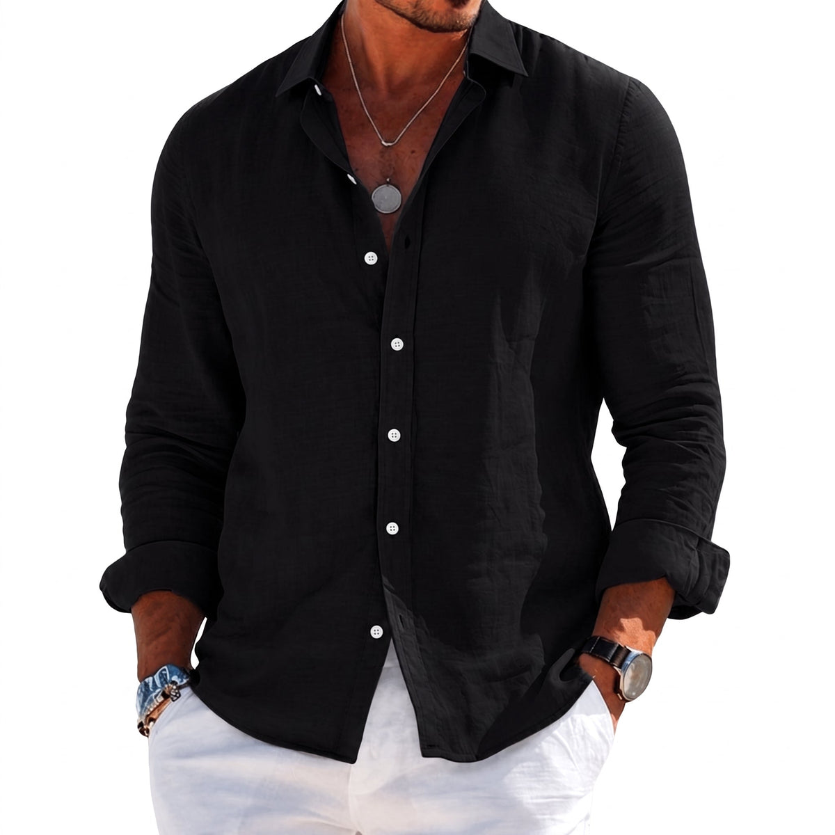 William - Men's Summer Point Collar Long Sleeve Shirt - Shirts - Black - Davies & Cooper