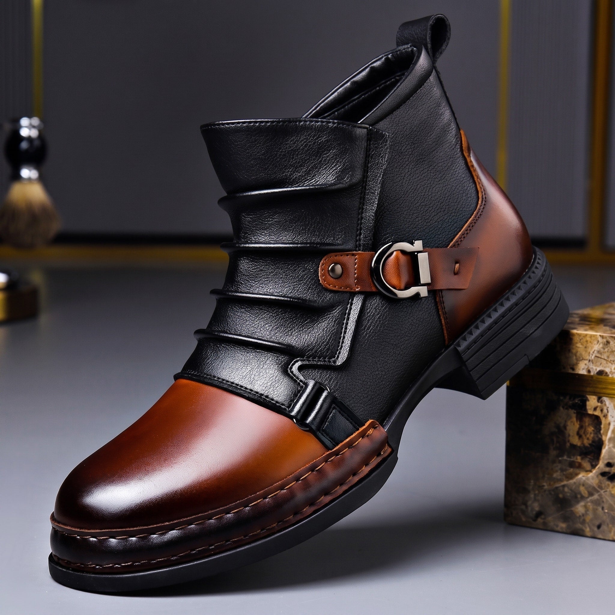 William - Men's Two-Tone Ridged Buckle Strap Ankle Boots - Boots - Black - Davies & Cooper