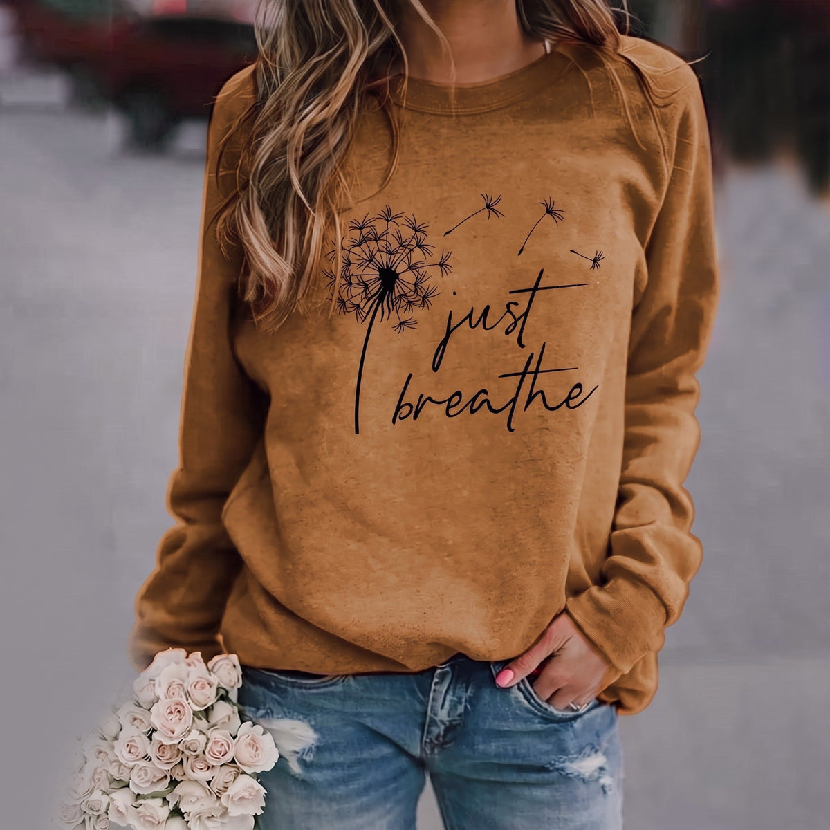 Yarely - Women's Dandelion Print Crew Neck Sweatshirt - Sweatshirts - Brown - Davies & Cooper