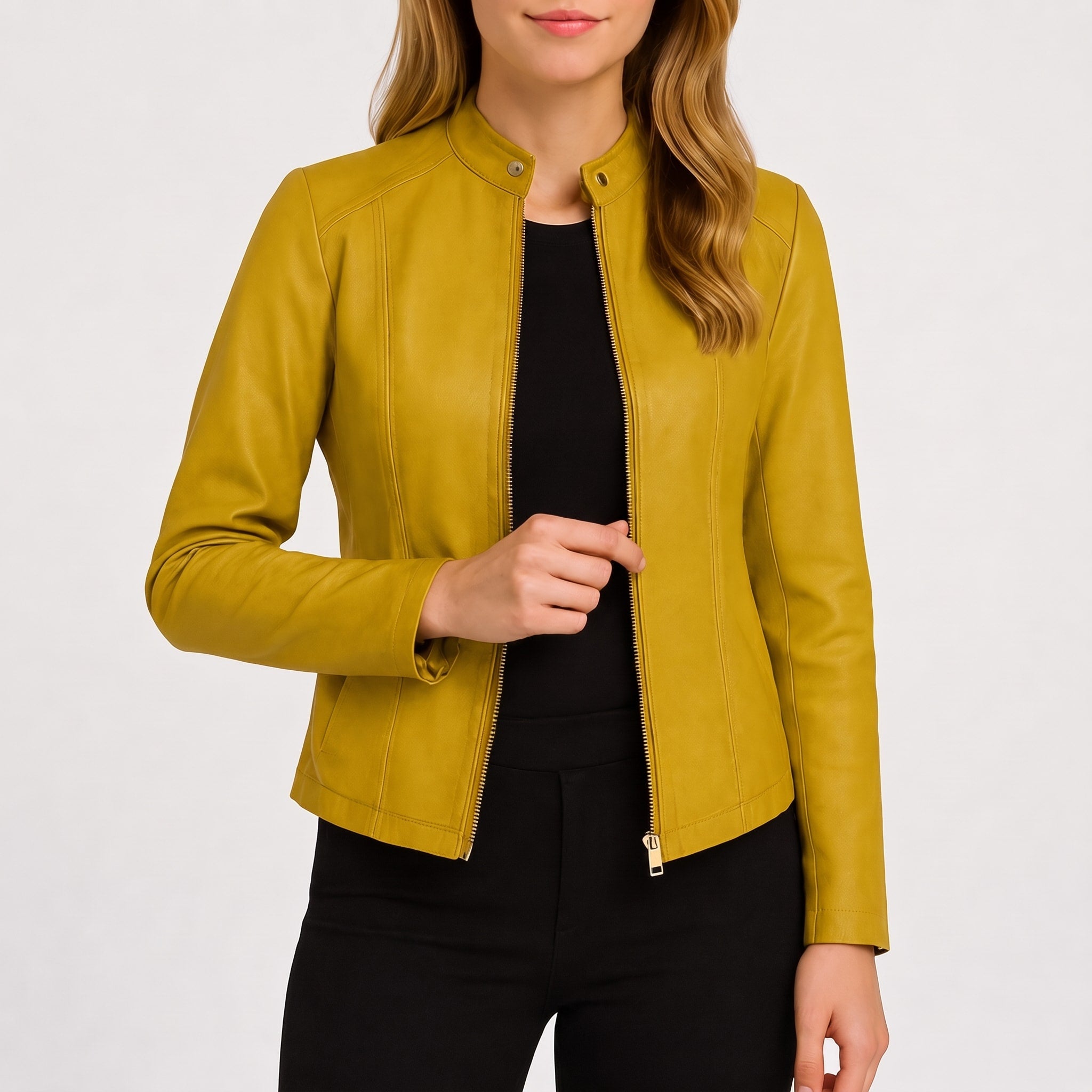 Sophie - Women's Fitted Zip-Up Biker Jacket with Snap Collar