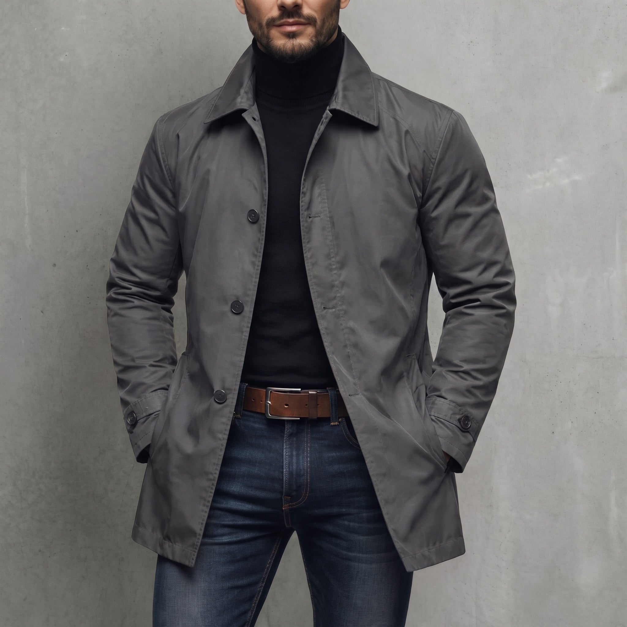 James - Men's Longline Mac Coat with Point Collar and Button Front