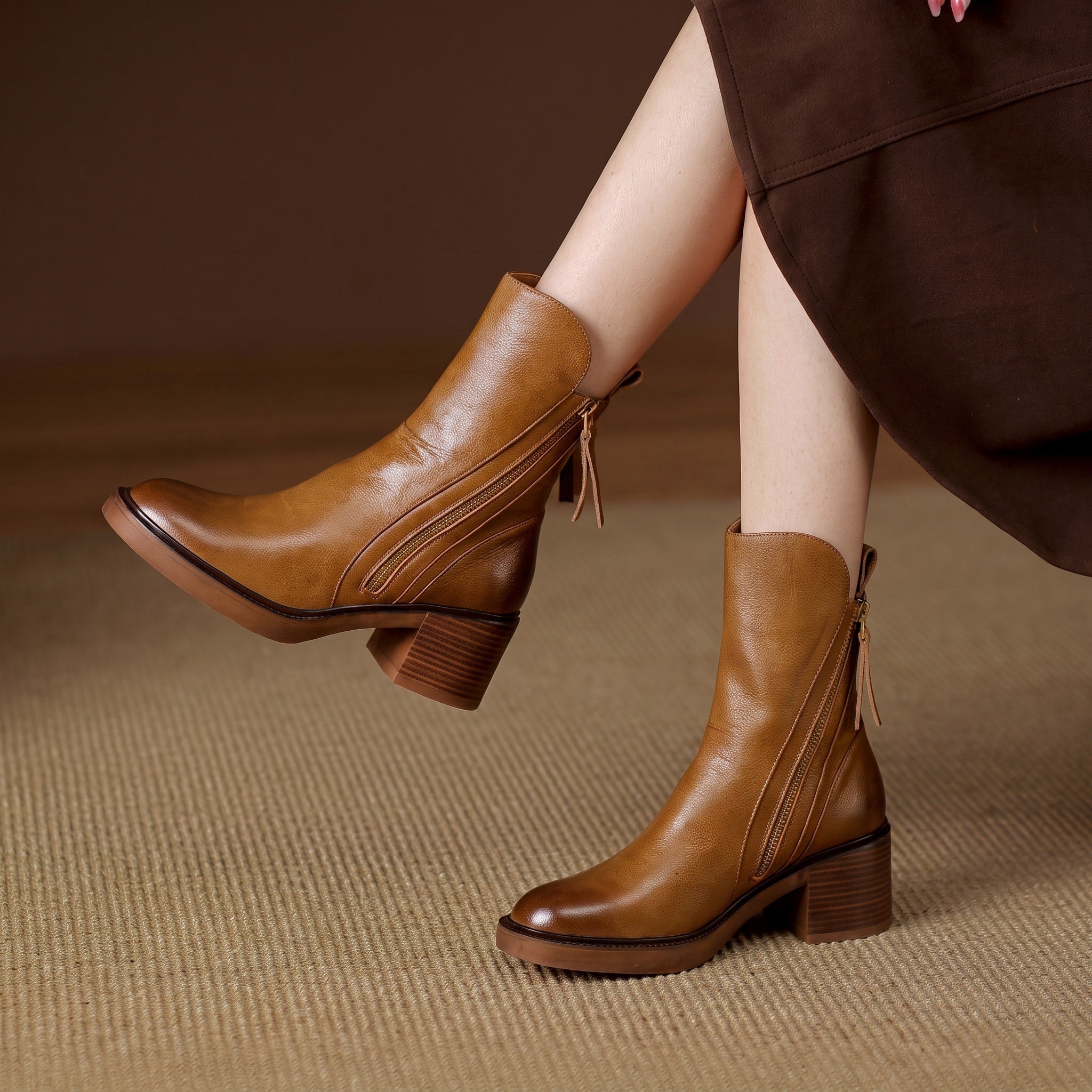 Emma - Women's Block Heel Ankle Boots with Double Zip