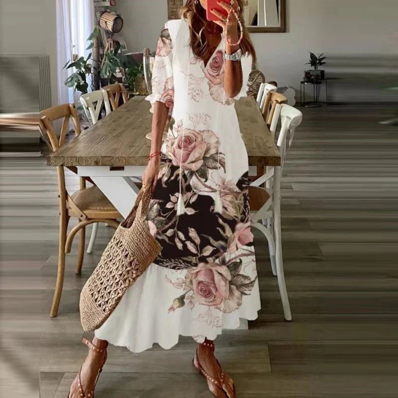 Clara - Women's Summer Floral Print Maxi Dress with Tassel Tie