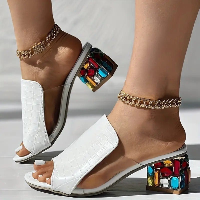 Isabelle - Women's Open Toe Block Heel with Jewelled Heel Detail