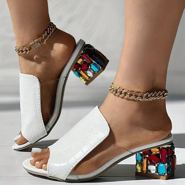 Isabelle - Women's Open Toe Block Heel with Jewelled Heel Detail