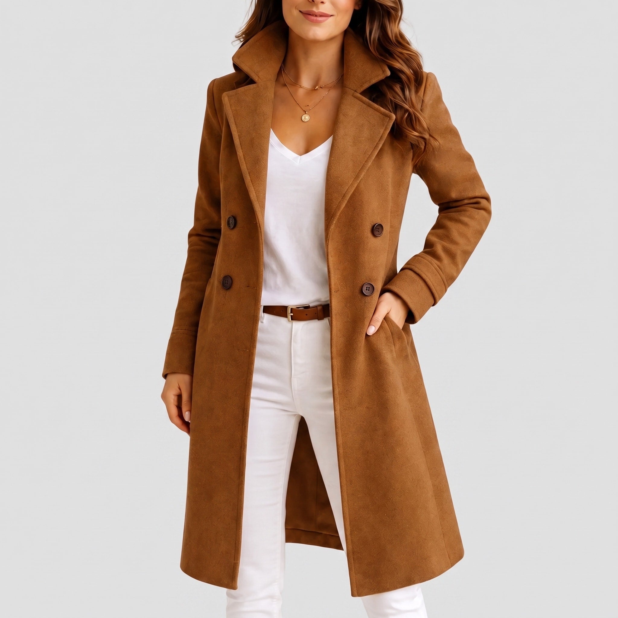 Eleanor - Women's Double-Breasted Tailored Midi Overcoat with Notch Lapel