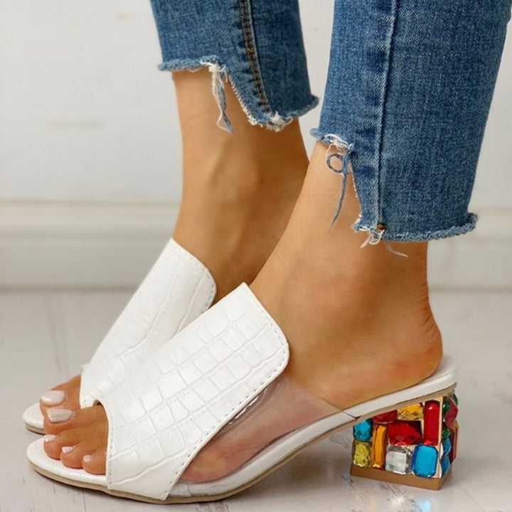 Isabelle - Women's Open Toe Block Heel with Jewelled Heel Detail