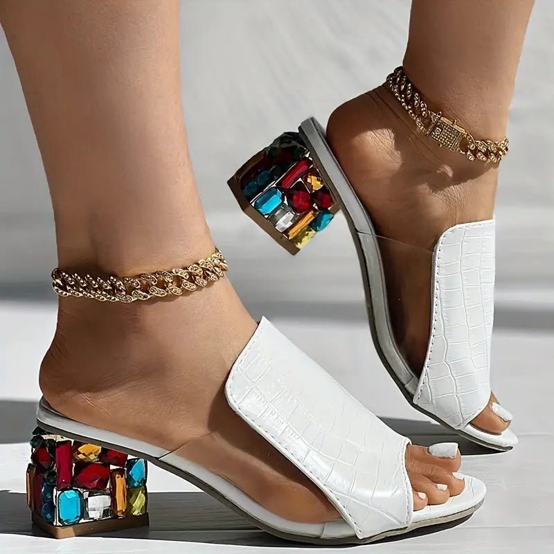 Isabelle - Women's Open Toe Block Heel with Jewelled Heel Detail
