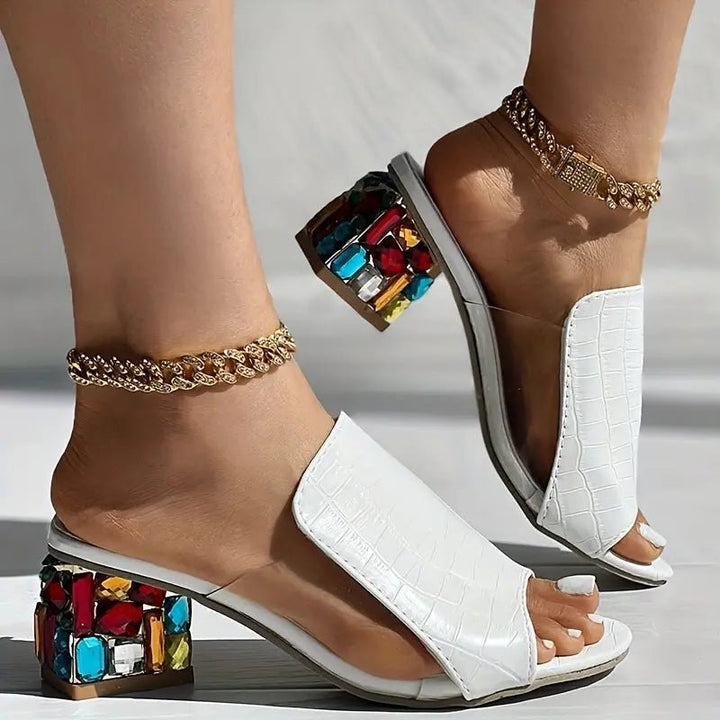 Isabelle - Women's Open Toe Block Heel with Jewelled Heel Detail