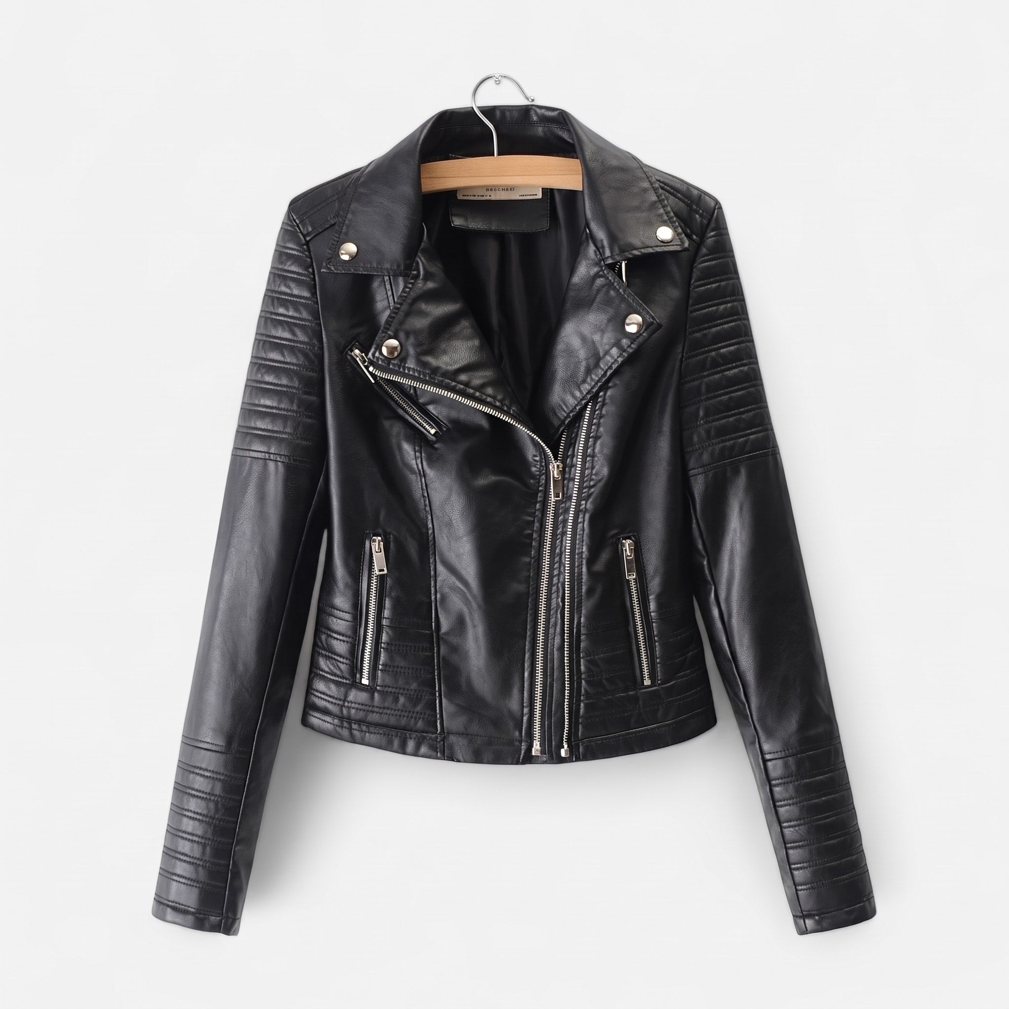 Sophie - Women's Biker Jacket Zip Pockets with Quilted Shoulder Detail