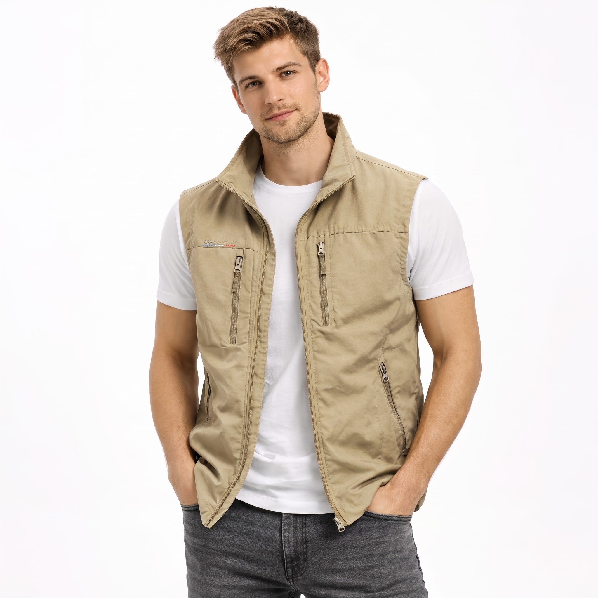 James - Men's Zip-Up Gilet with Multiple Pockets and Stand Collar