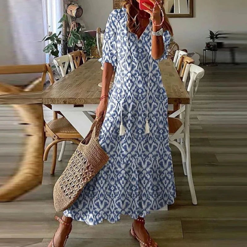 Clara - Women's Summer Floral Print Maxi Dress with Tassel Tie