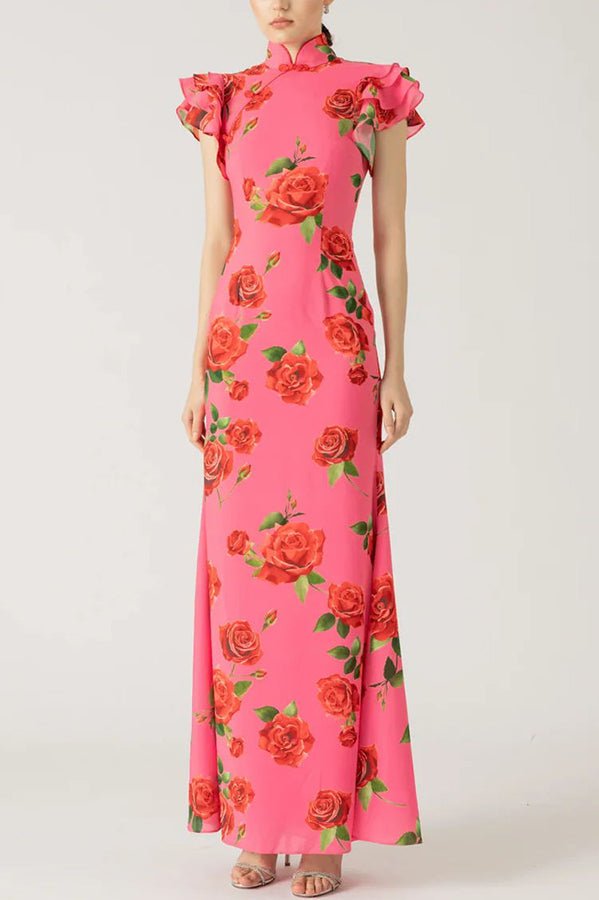 Clara - Women's Floral Ruffle Sleeve Fitted Maxi Dress with High Neck
