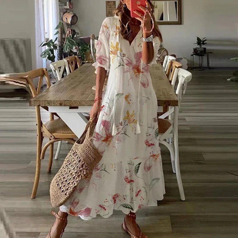 Clara - Women's Summer Floral Print Maxi Dress with Tassel Tie