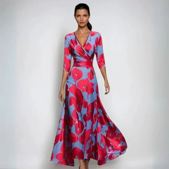 Clara - Women's Floral Wrap Three-Quarter Sleeve Maxi Dress