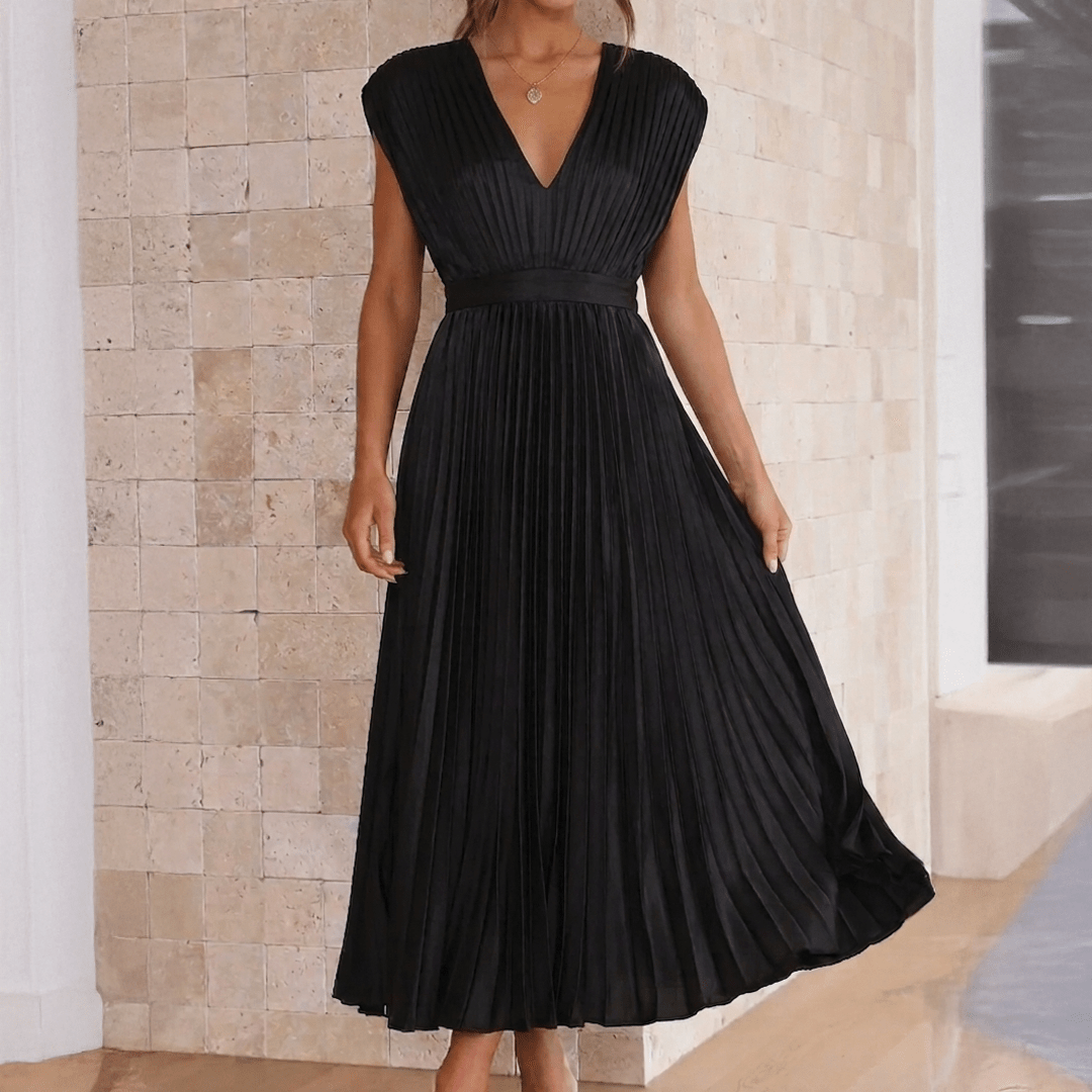 Sofia - Women's Wedding Guest Pleated Midi Dress with Cap Sleeves