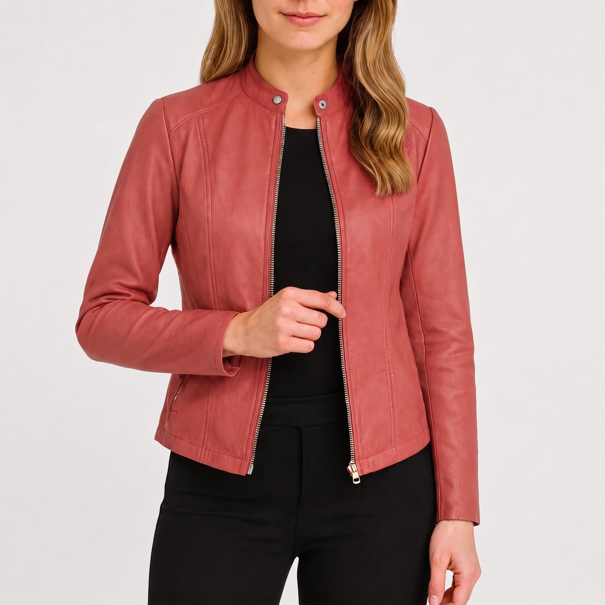 Sophie - Women's Fitted Zip-Up Biker Jacket with Snap Collar