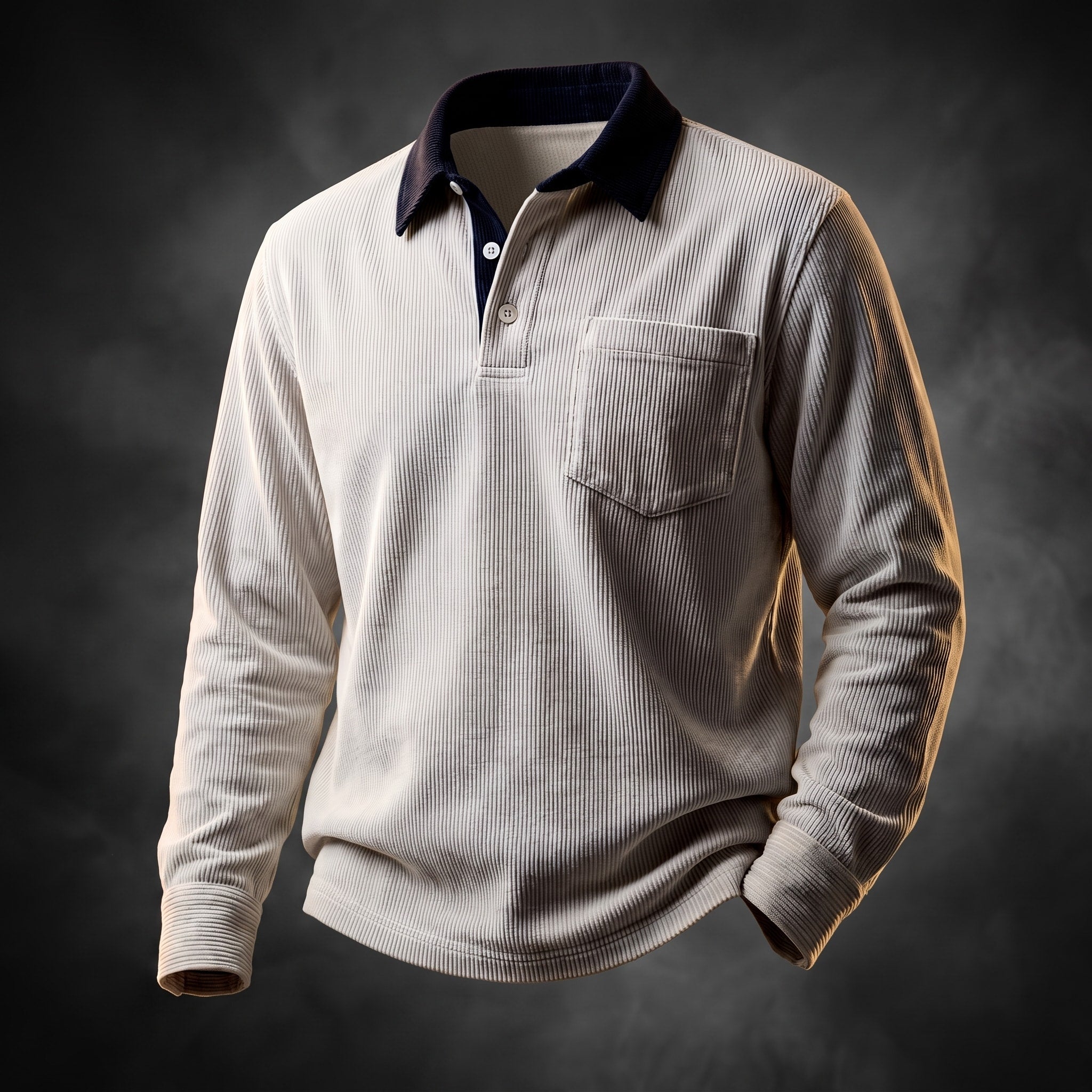 Oliver - Men's Long Sleeve Ribbed Polo Shirt with Chest Pocket and Contrast Collar