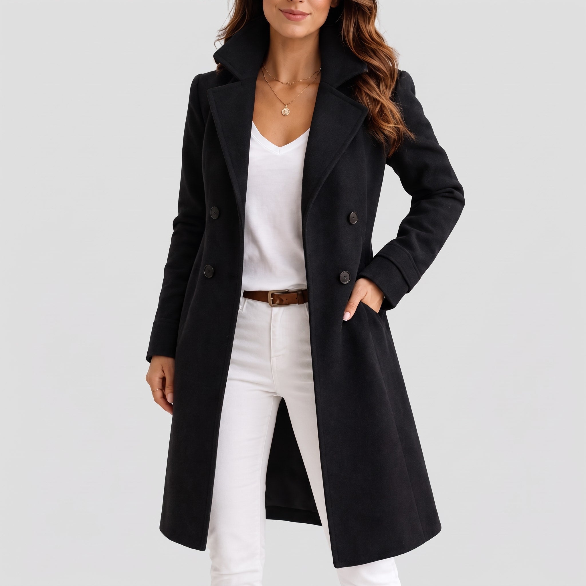 Eleanor - Women's Double-Breasted Tailored Midi Overcoat with Notch Lapel