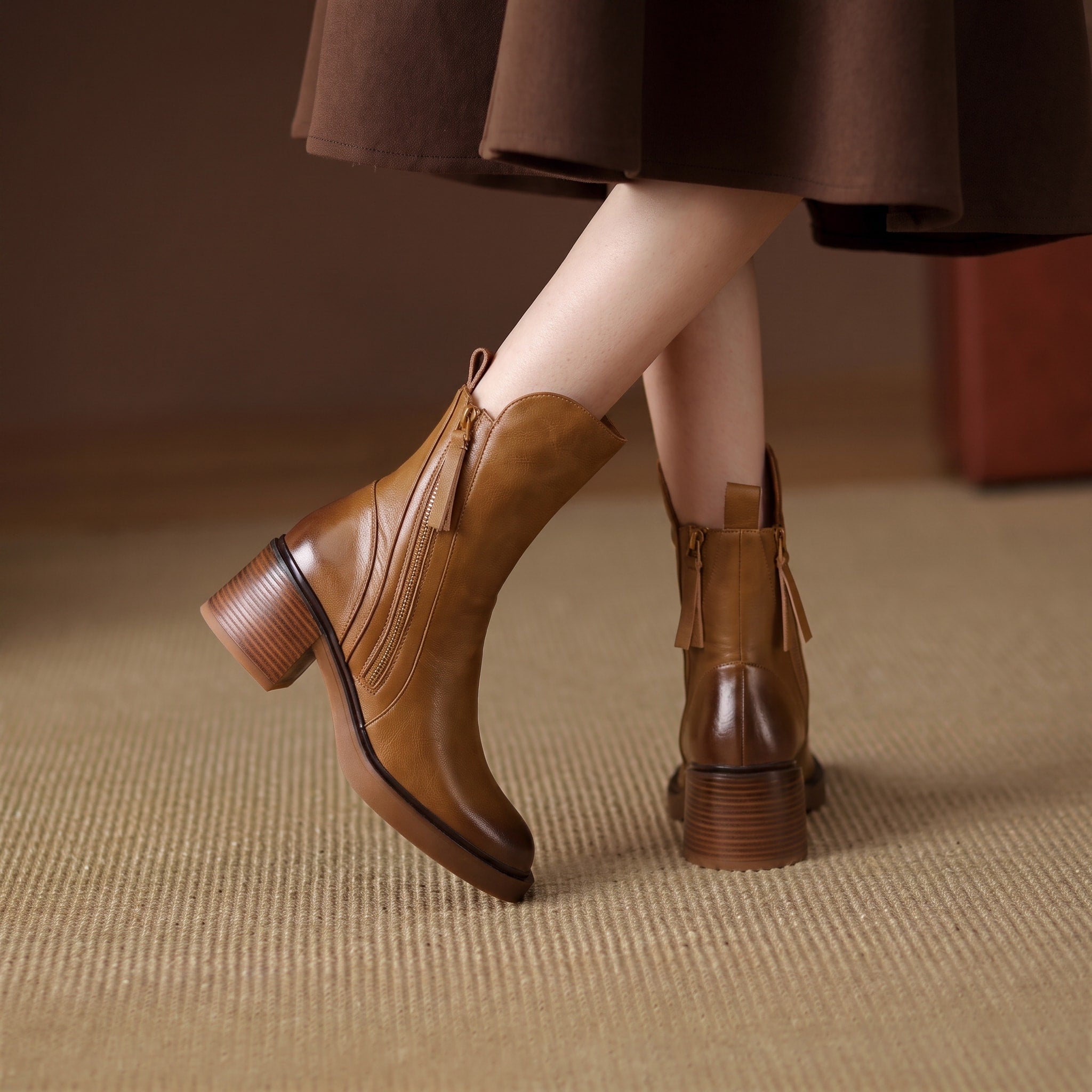 Emma - Women's Block Heel Ankle Boots with Double Zip