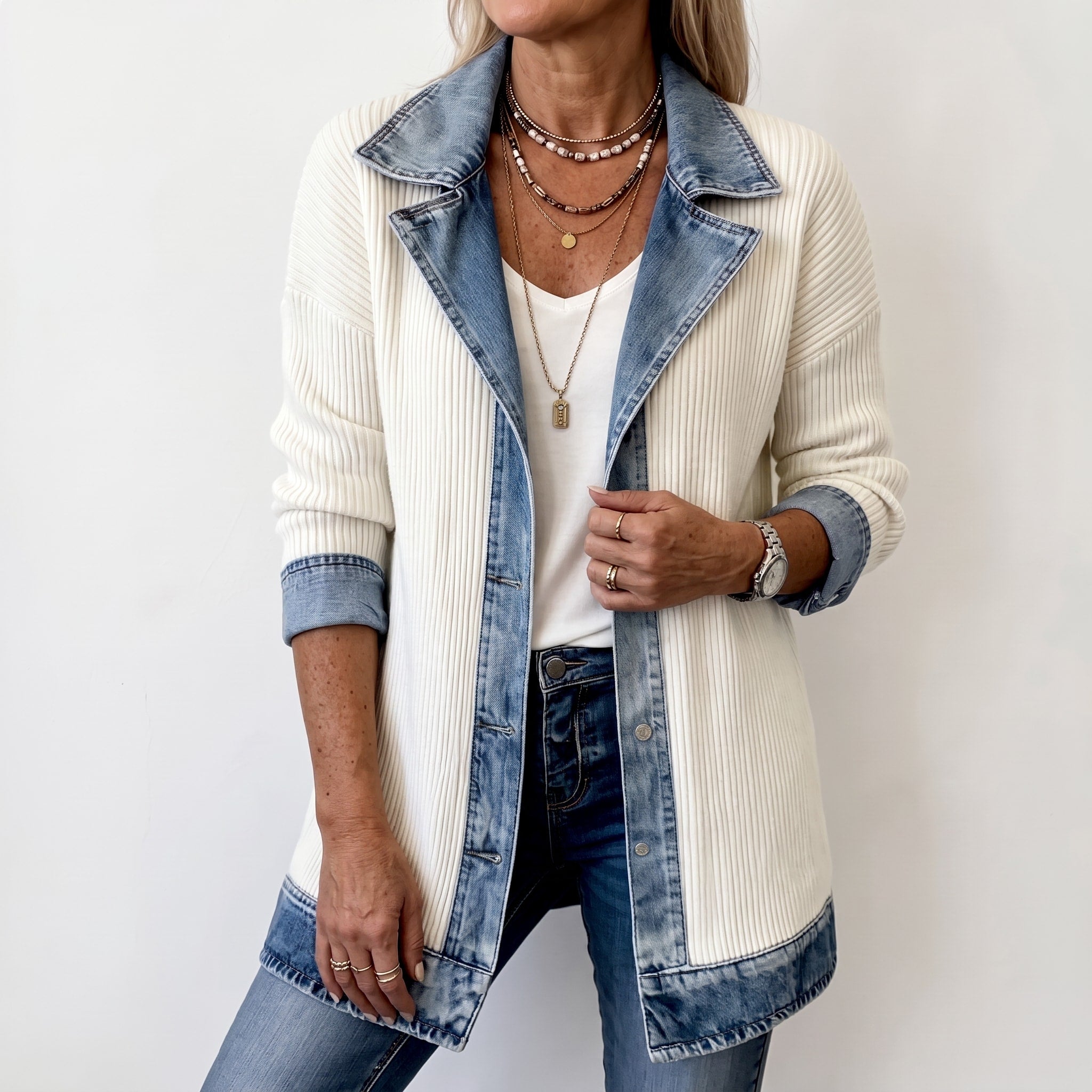 Margaret - Women's Longline Contrast Collar Blazer Jacket
