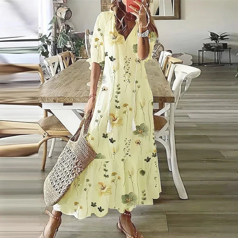Clara - Women's Summer Floral Print Maxi Dress with Tassel Tie