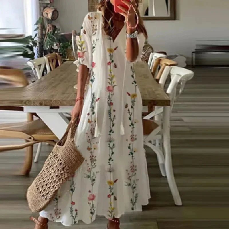 Clara - Women's Summer Floral Print Maxi Dress with Tassel Tie