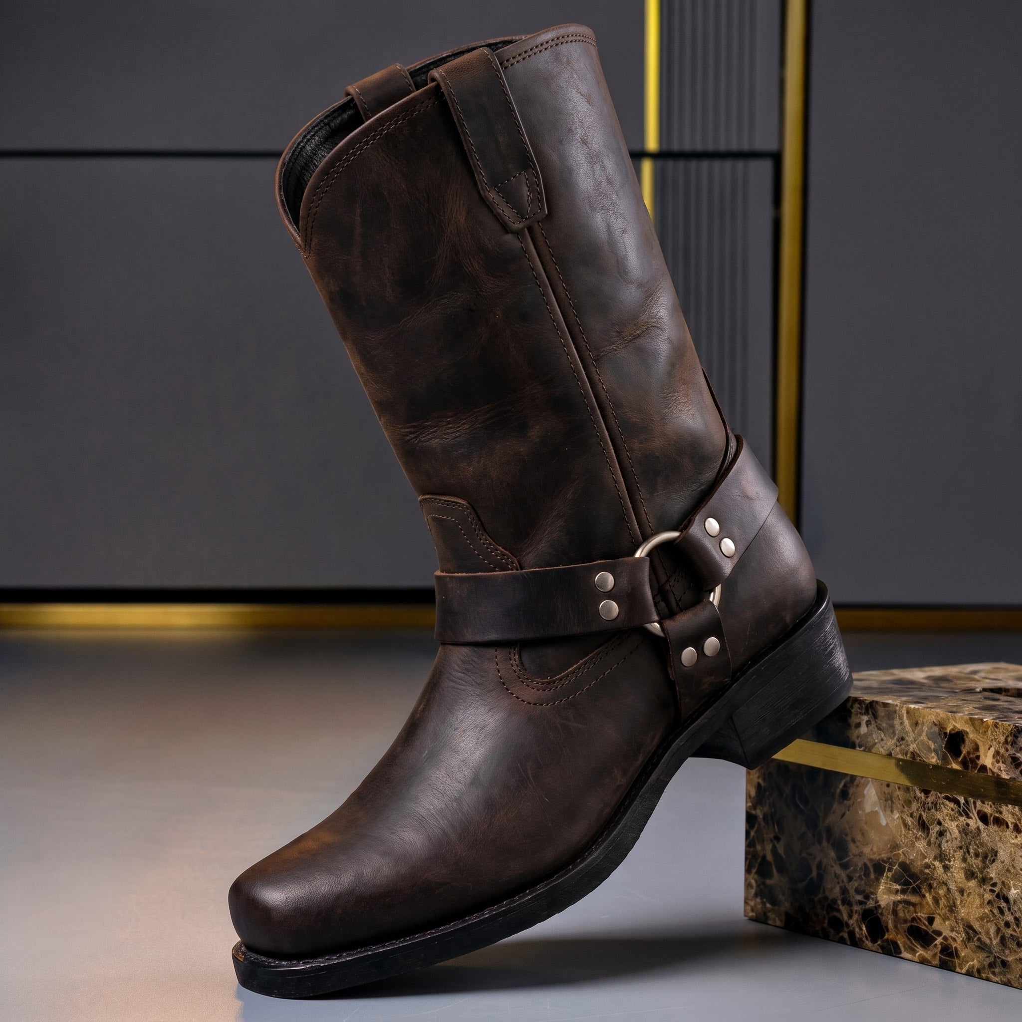 Victor - Men's Harness Boots with Buckle Strap and Block Heel