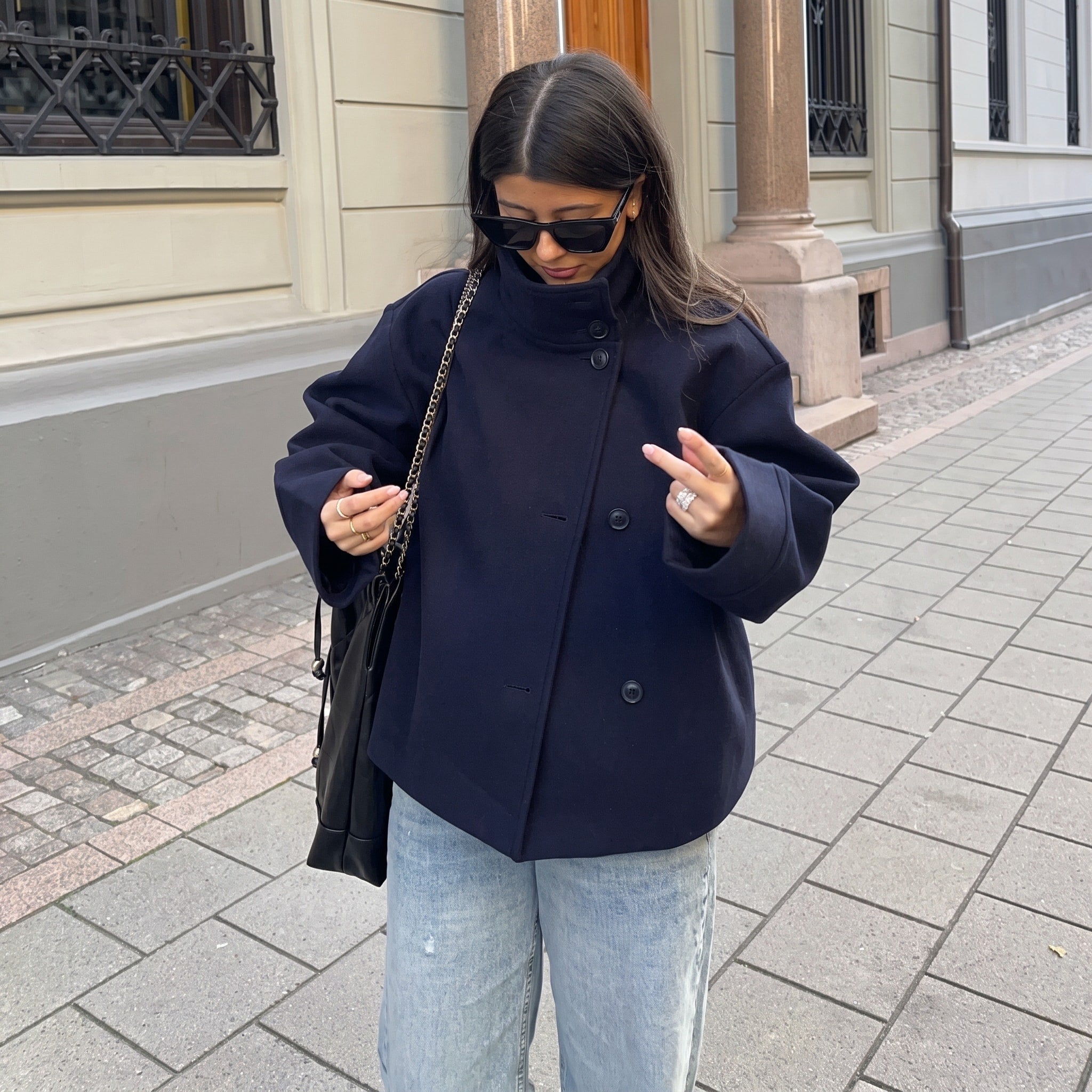 Elise - Women's Double-Breasted Cropped Jacket with Stand Collar